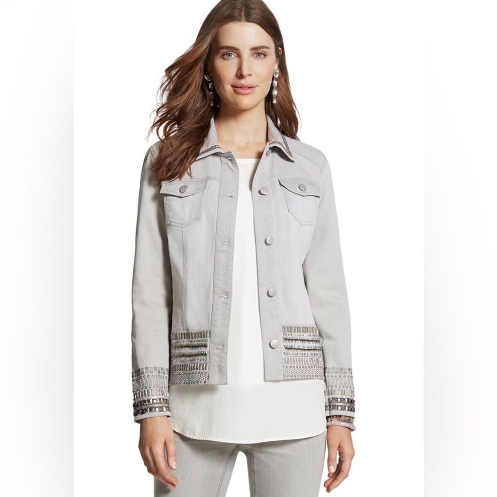 Chicos Crystal Clear Embellished Beaded Denim Jacket Size L (2)